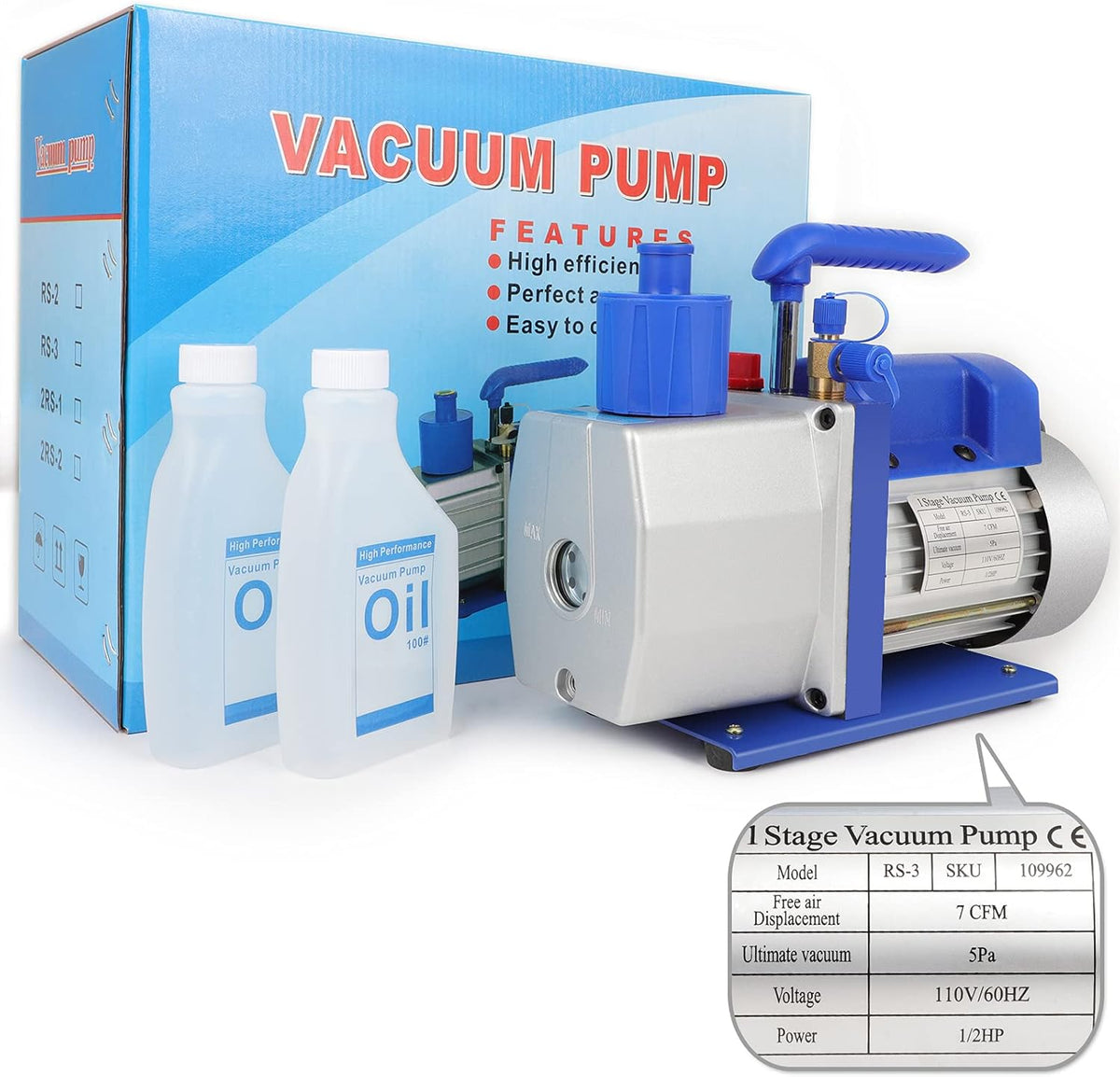 7 CFM Rotary Vane Vacuum Pump, 1/2 HP, 5 Pa, 110V/60Hz, 250ml Oil Capacity R197971