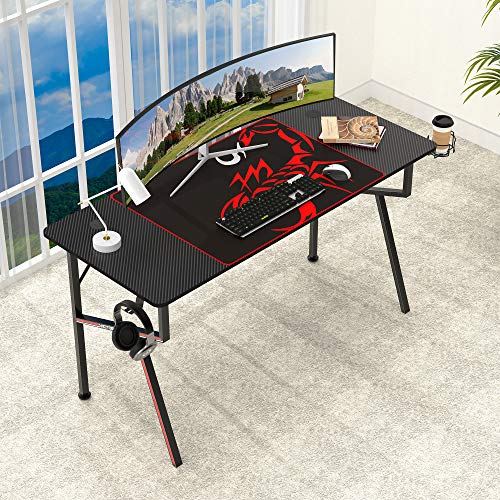 Black 47 Inch Gaming Desk with Mouse Pad Headset Hook Cup Holder Controller Stand Y8974