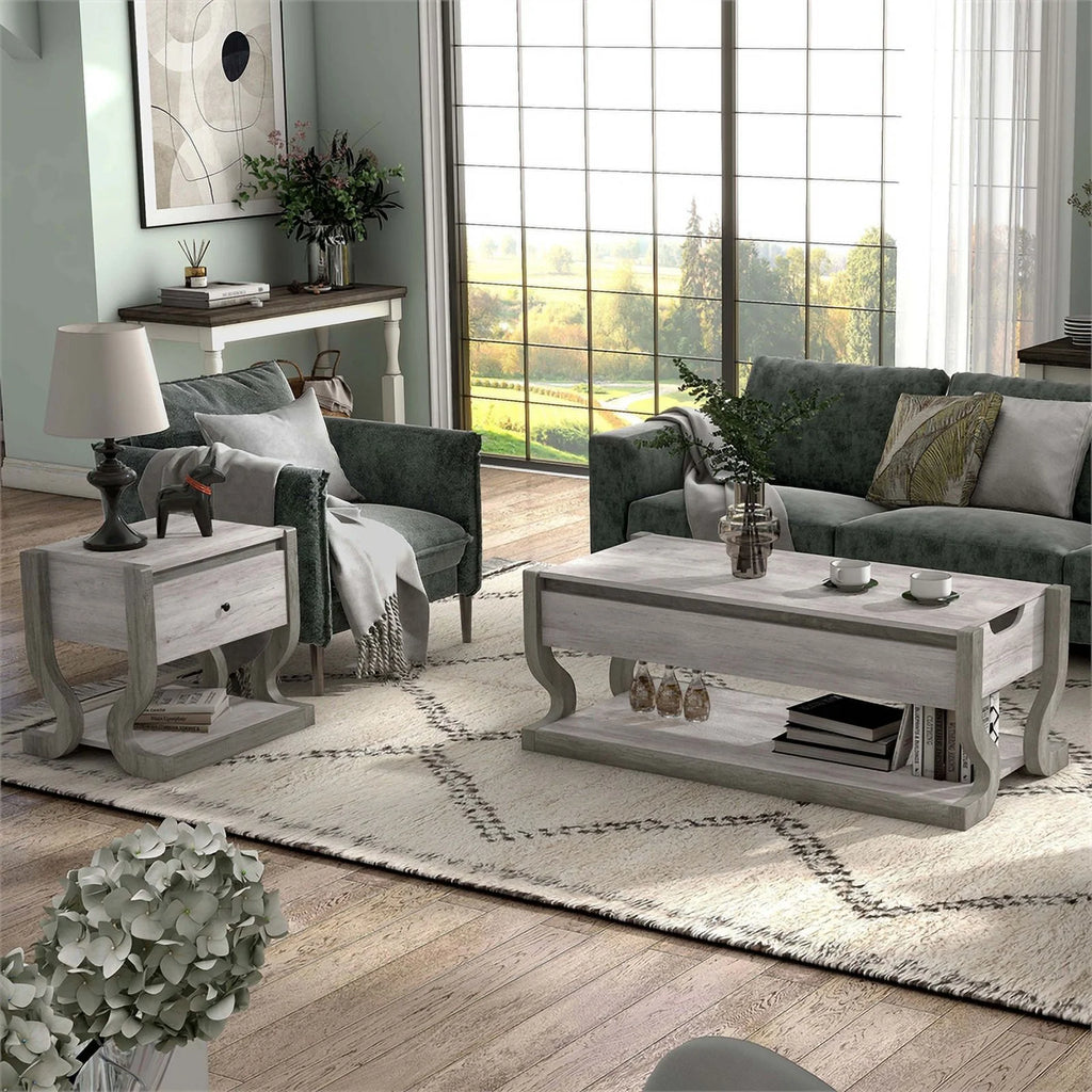 Wood 2-Piece Coffee Table Set in Coastal White F686