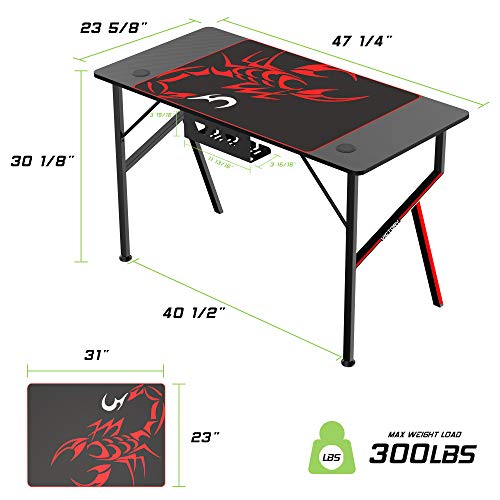 Black 47 Inch Gaming Desk with Mouse Pad Headset Hook Cup Holder Controller Stand Y8974