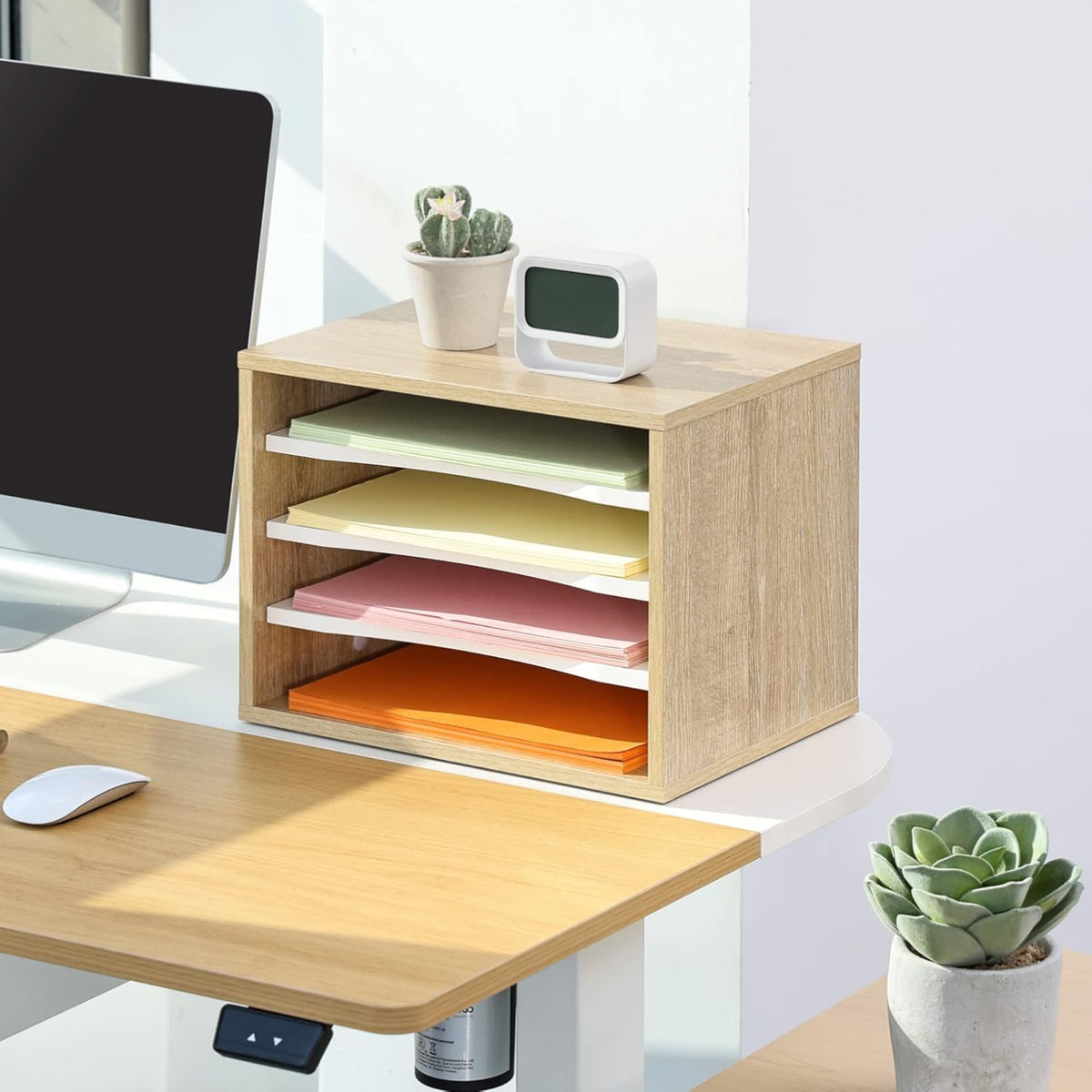 2-Tier Monitor Stand & 4-Tier Desk Paper Sorter Organizer, Light Wood P3848