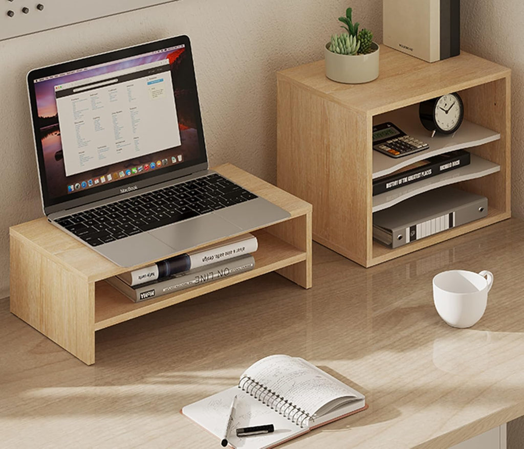2-Tier Monitor Stand & 4-Tier Desk Paper Sorter Organizer, Light Wood P3848