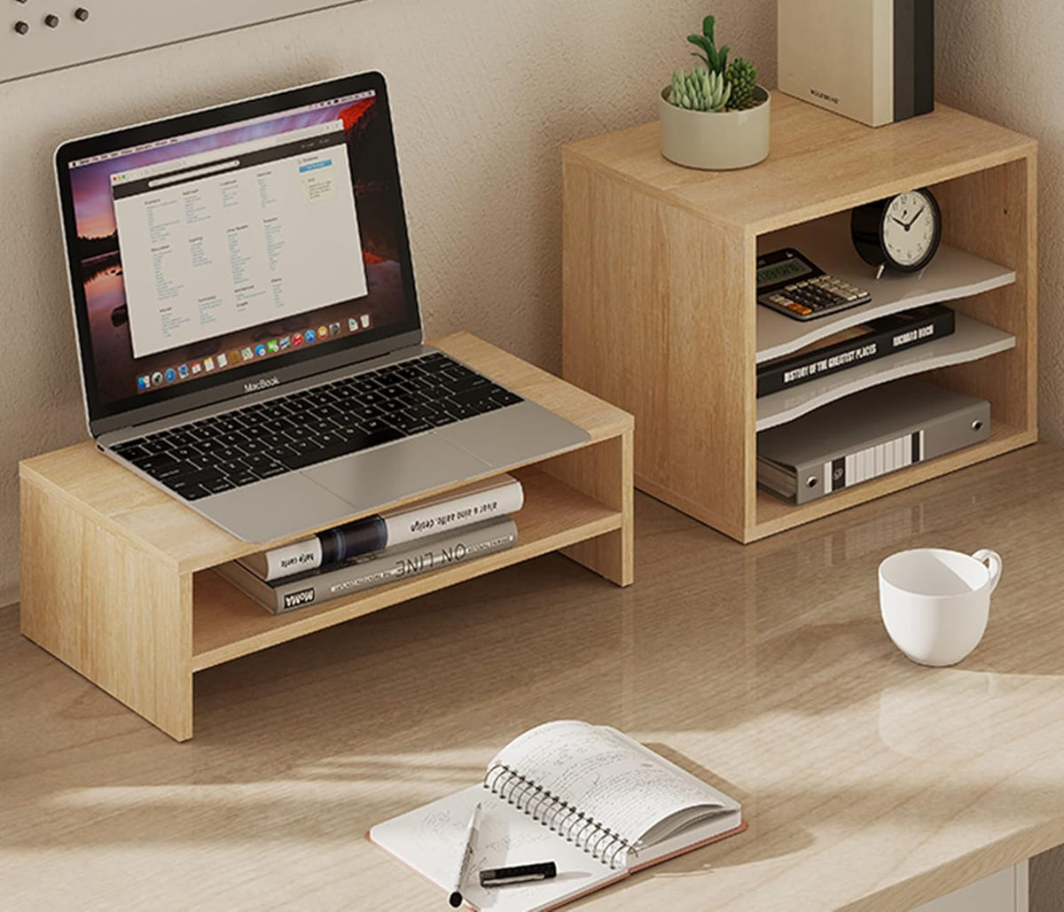 2-Tier Monitor Stand & 4-Tier Desk Paper Sorter Organizer, Light Wood P3848
