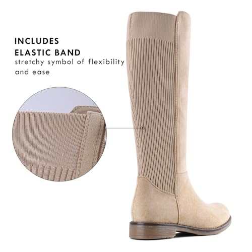 Knee High Boots Flat Low Heel Stretchy Round Toe with Side Zipper A936