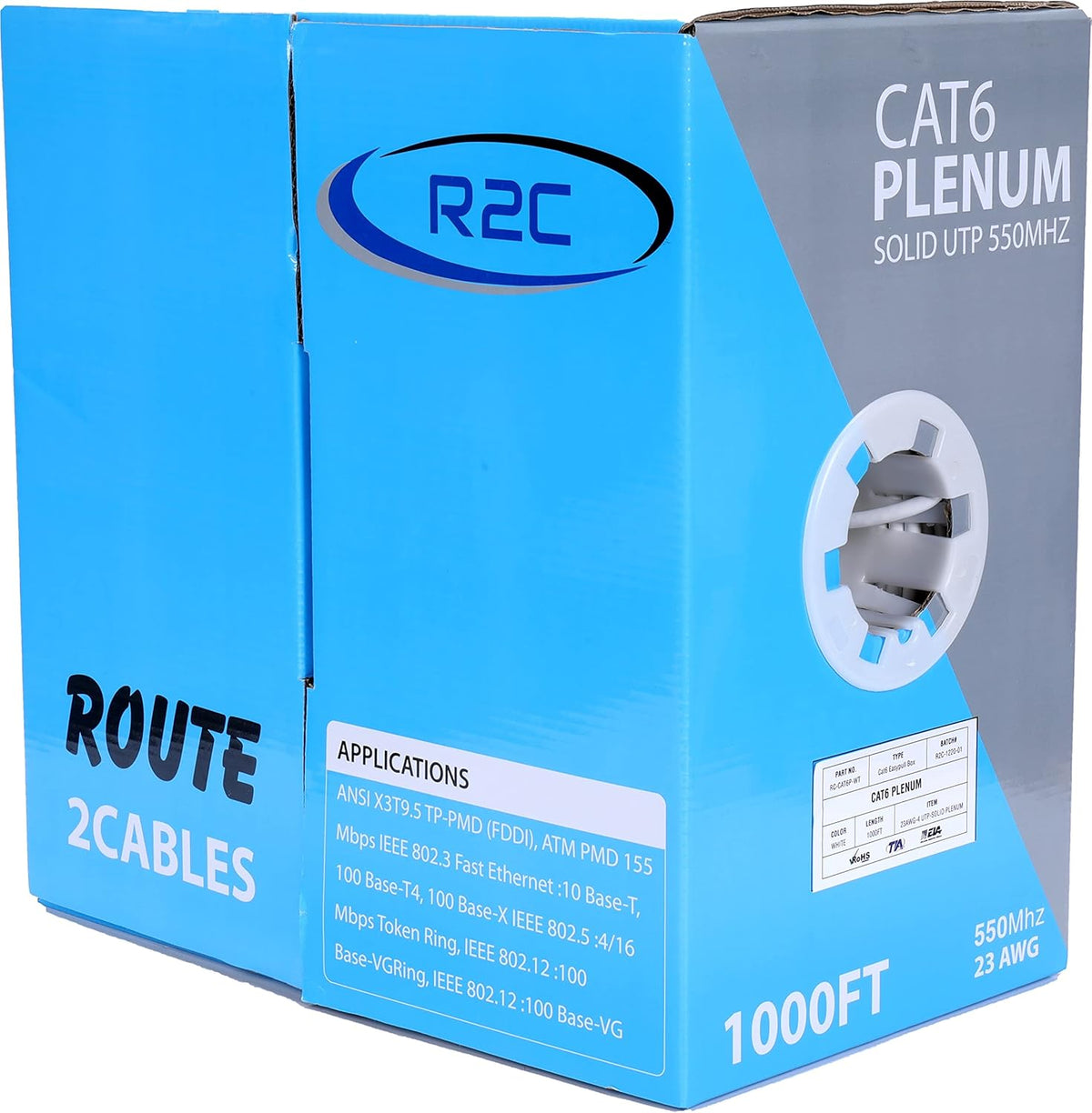 Cat6 Ethernet Cable 1000ft, Plenum-Rated, 23AWG, 4 Pair, 550MHZ UTP CMP Cable I4553