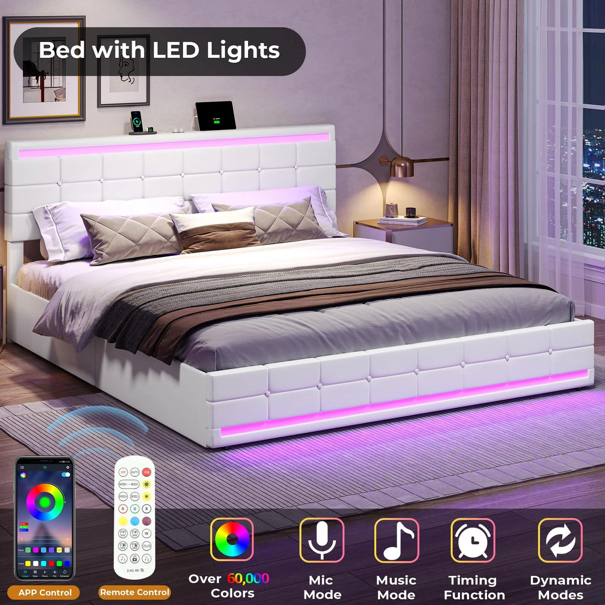King Bed Frame with Storage Drawers, LED Lights, USB Port, White K4474