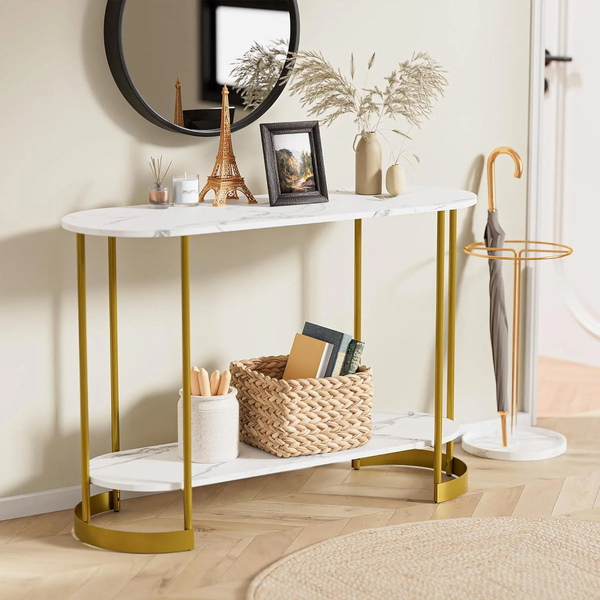 Gold 2-Tier Faux Marble Console Table T6847