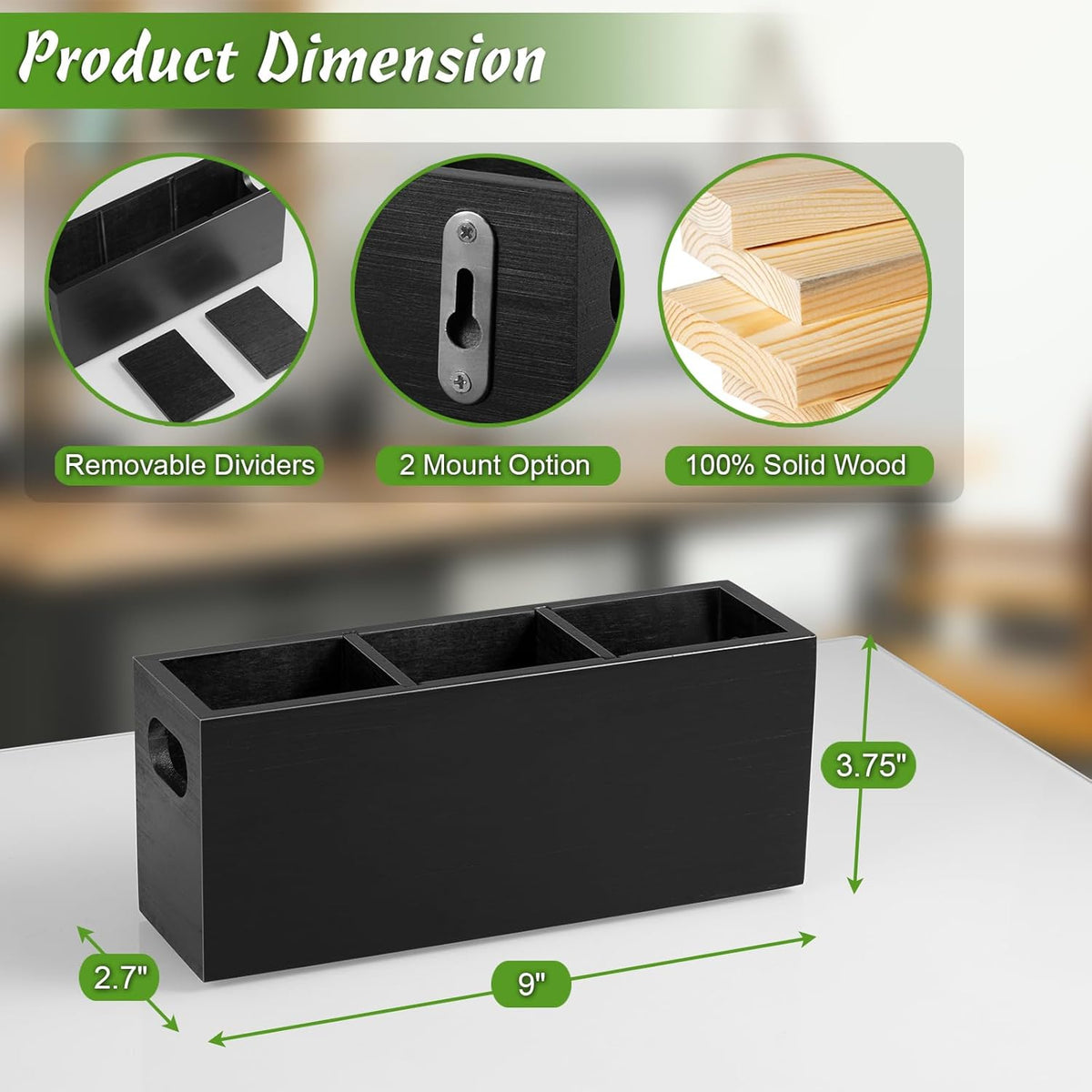 Black 3 Slots Wooden Wall Remote Holder E2235