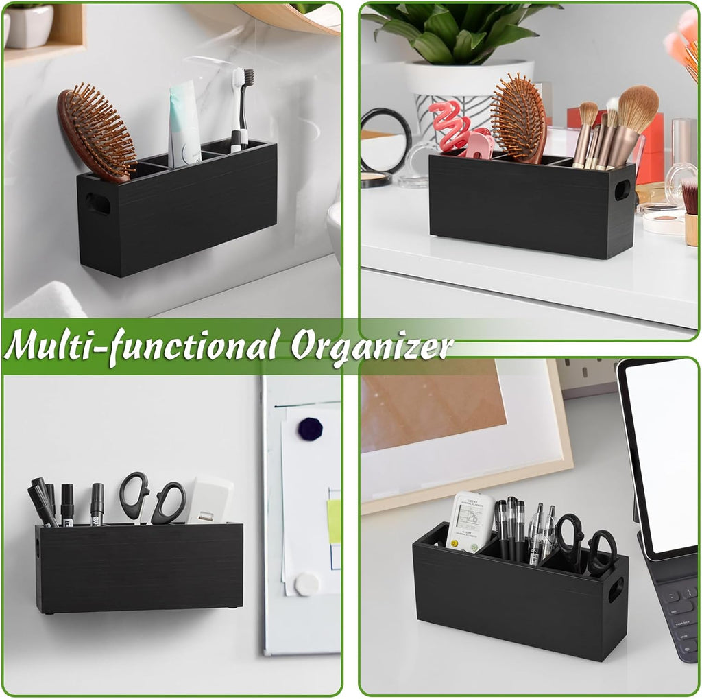 Black 3 Slots Wooden Wall Remote Holder E2235