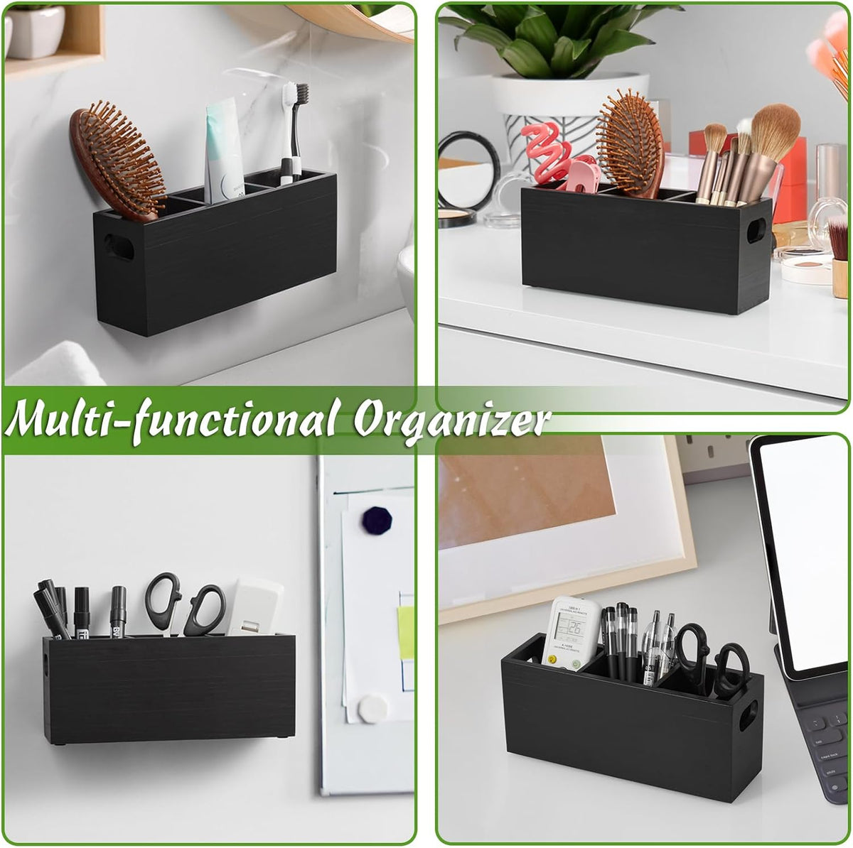 Black 3 Slots Wooden Wall Remote Holder E2235