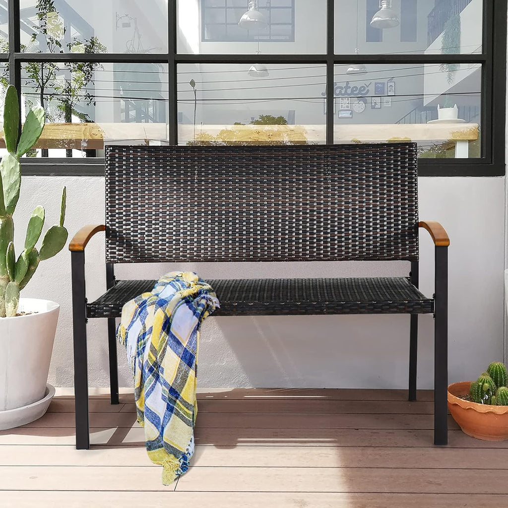 Wicker Rattan Bench with Acacia Wood Armrest P9323