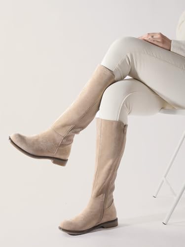 Knee High Boots Flat Low Heel Stretchy Round Toe with Side Zipper A936
