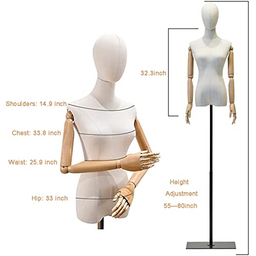 Beige Display Mannequin with Detachable Head, Wooden Hands, Adjustable Height Stand N769665