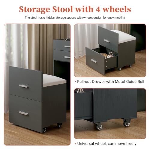 White 3 Drawer Vanity Desk with Mirror and Stool X91161