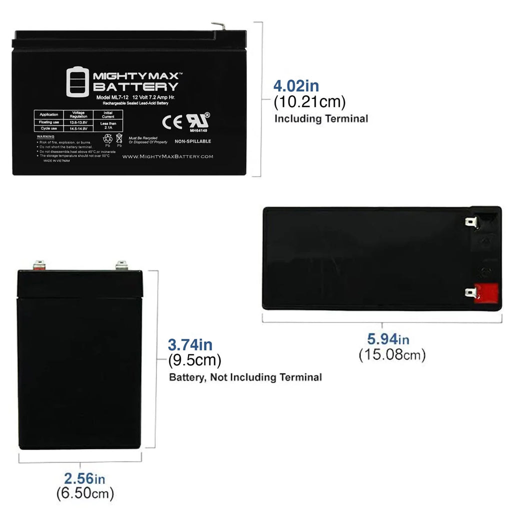12V 7.2AH Replacement Battery + 12V 1Amp Charger V343