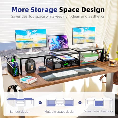 Black Dual Metal Monitor Stand Riser with Drawer and Pen Holder N754