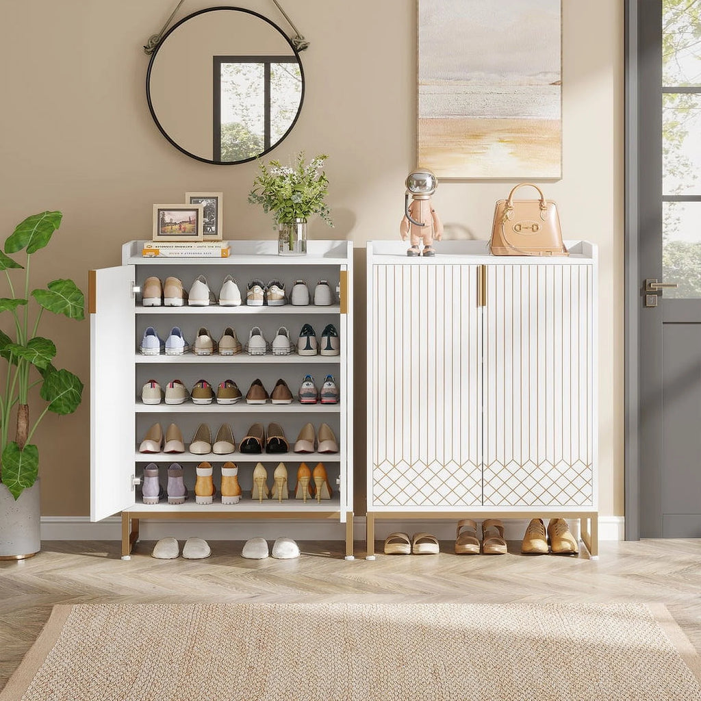White and Gold 25 Pairs 5-Tier Shoe Cabinet D741956