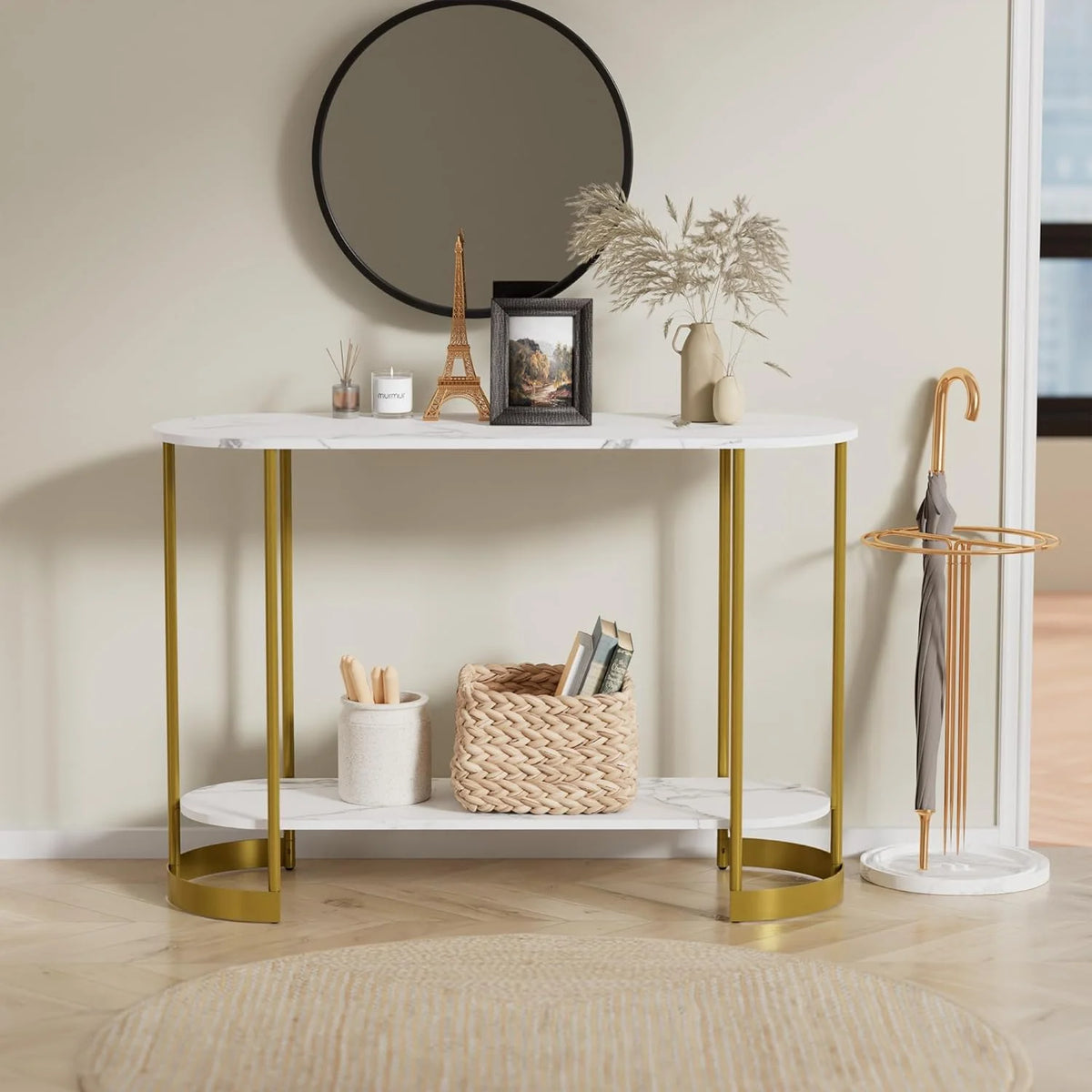 Gold 2-Tier Faux Marble Console Table T6847