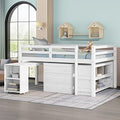 White Full High-Grade Pinewood Low Study Loft Bed with Desk, Cabinet, Bookshelf, Rolling Portable Desk, Full-Length Guardrail T412426
