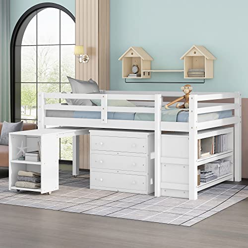 White Full High-Grade Pinewood Low Study Loft Bed with Desk, Cabinet, Bookshelf, Rolling Portable Desk, Full-Length Guardrail T412426