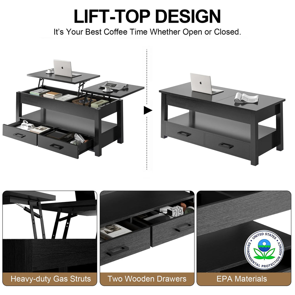 47.2'' Lift Top Coffee Table with Storage, 2 Drawers Black C951