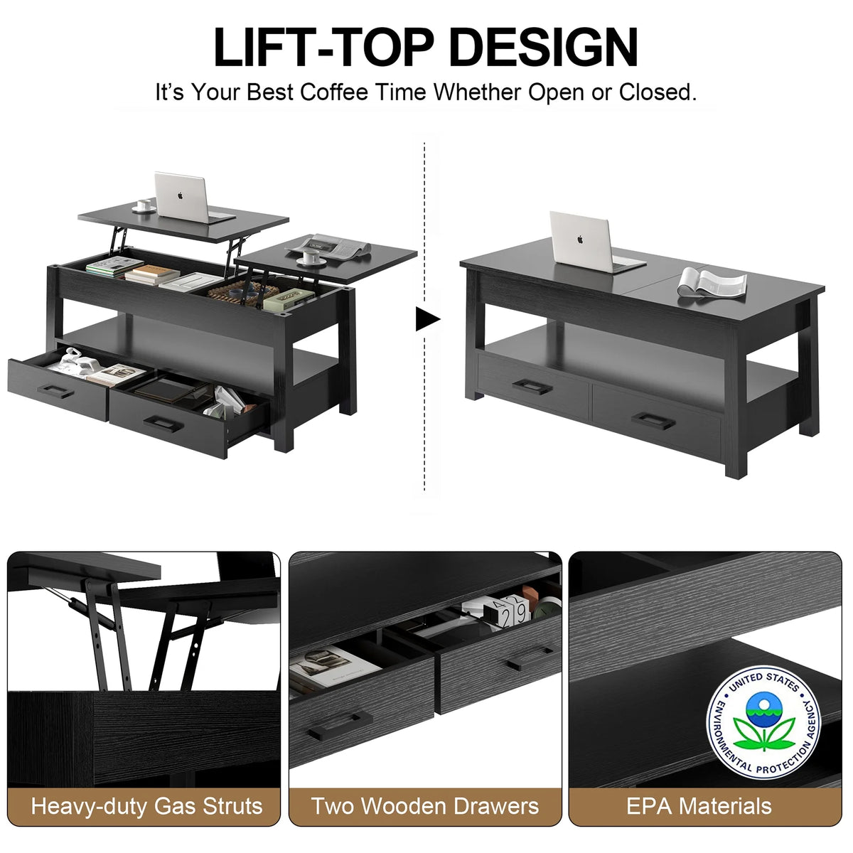 47.2'' Lift Top Coffee Table with Storage, 2 Drawers Black C951