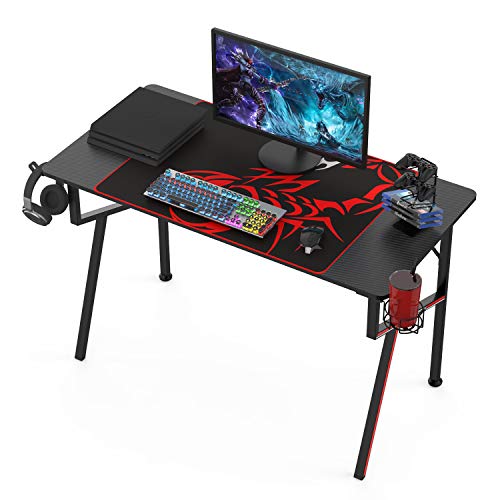 Black 47 Inch Gaming Desk with Mouse Pad Headset Hook Cup Holder Controller Stand Y8974