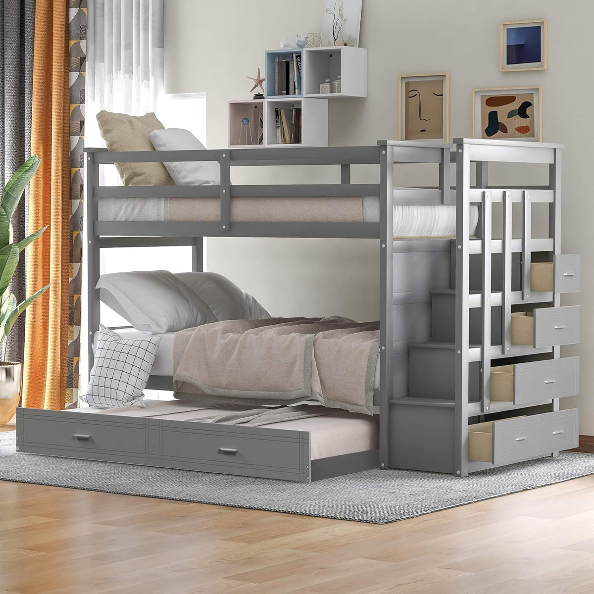 Twin Over Twin Wood Bunk Bed with Trundle and Staircase Q4853