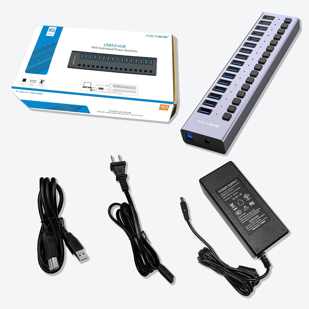 16 Ports USB 3.0 Powered Hub with Individual On/Off Switches and Power Adapter, Pack of 2 Q49717