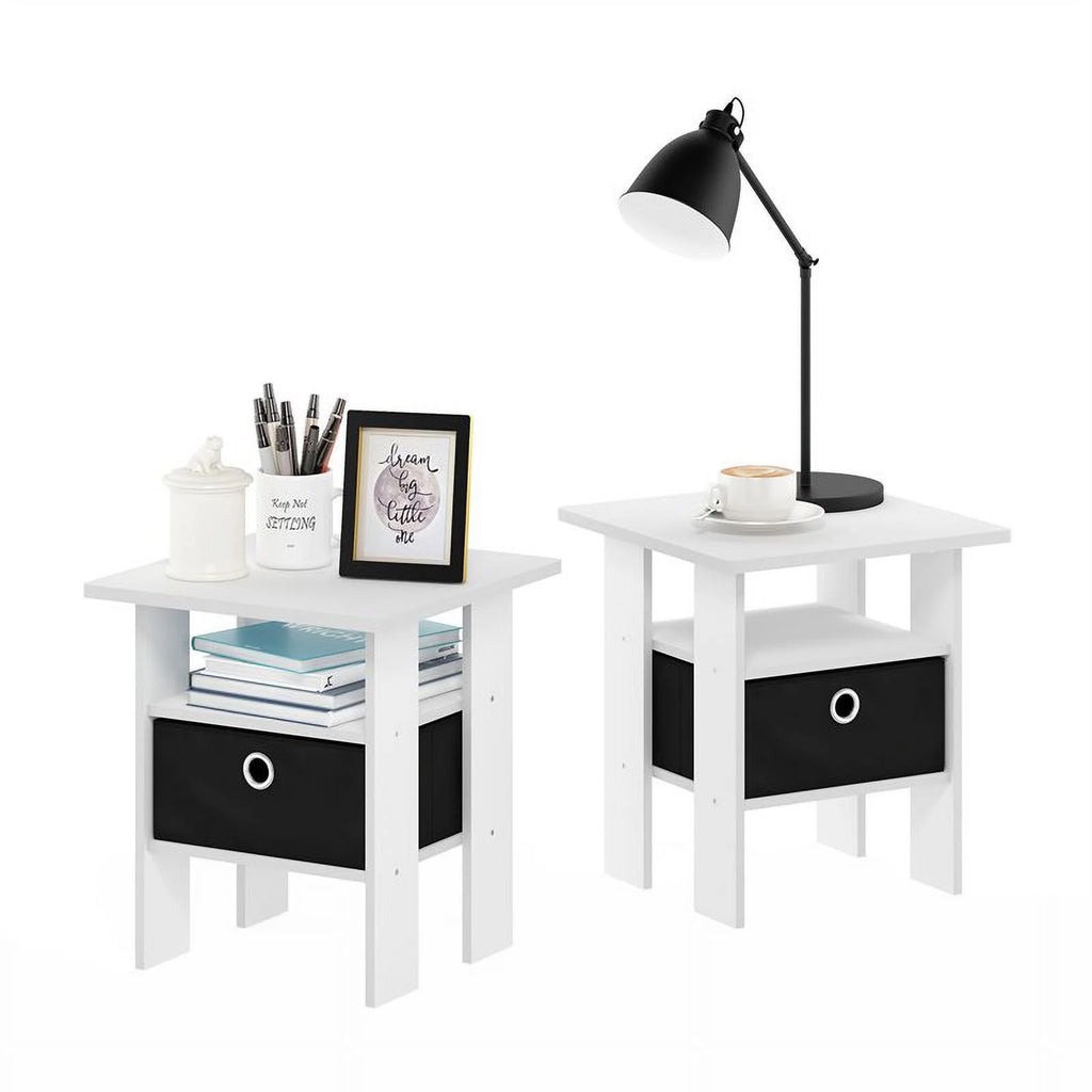 Set of 2 White Black End Table Nightstand with Bin Drawer O583815