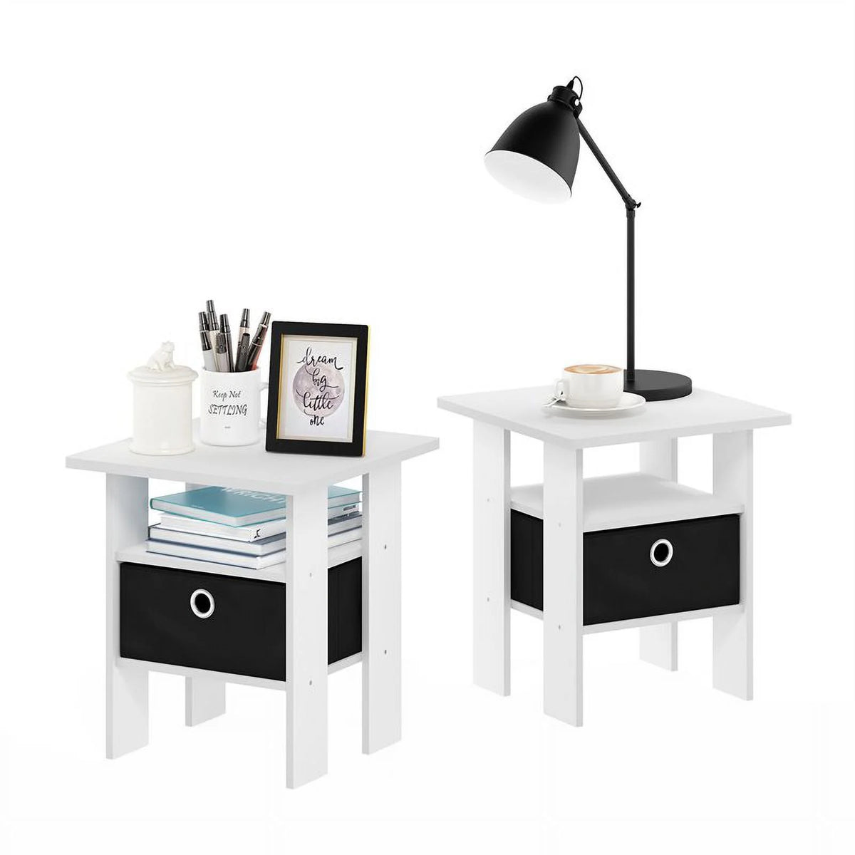 Set of 2 White Black End Table Nightstand with Bin Drawer O583815