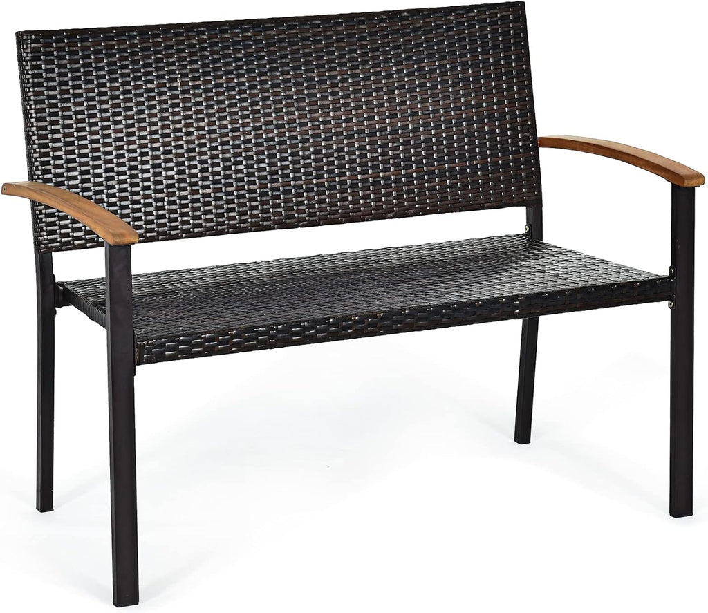 Wicker Rattan Bench with Acacia Wood Armrest P9323