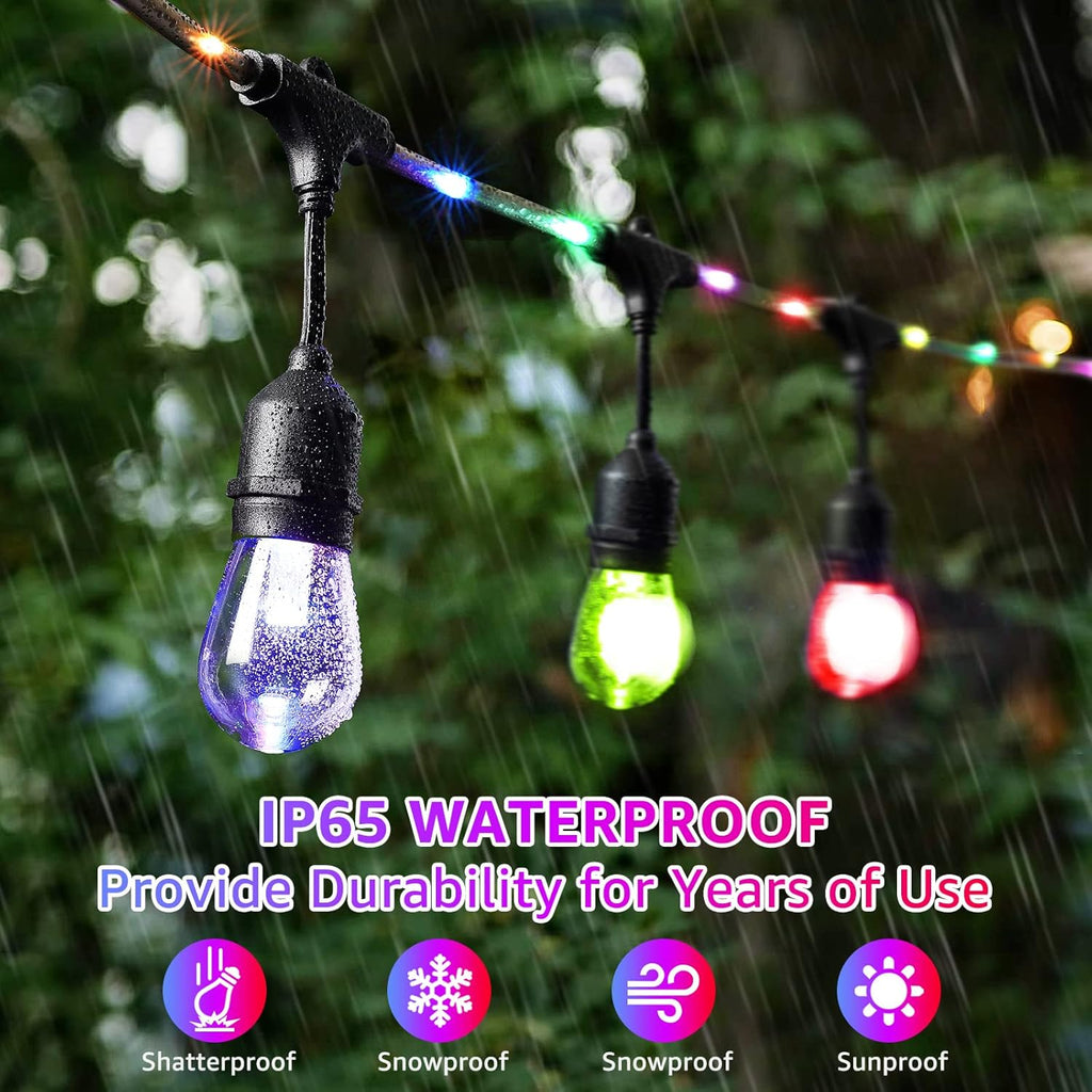 48FT RGB LED String Lights with Remote, Waterproof Edison Bulb Outdoor Lights T348