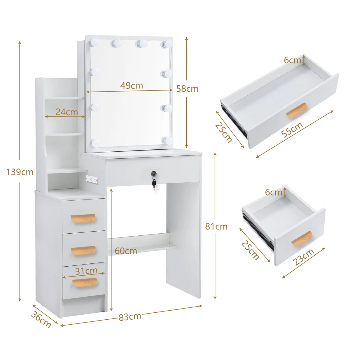 White Makeup Vanity Desk with Mirror and Lights F5986