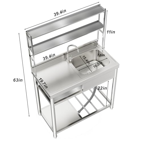304 Stainless Steel Single Bowl Utility Sink with Drainboard D22522