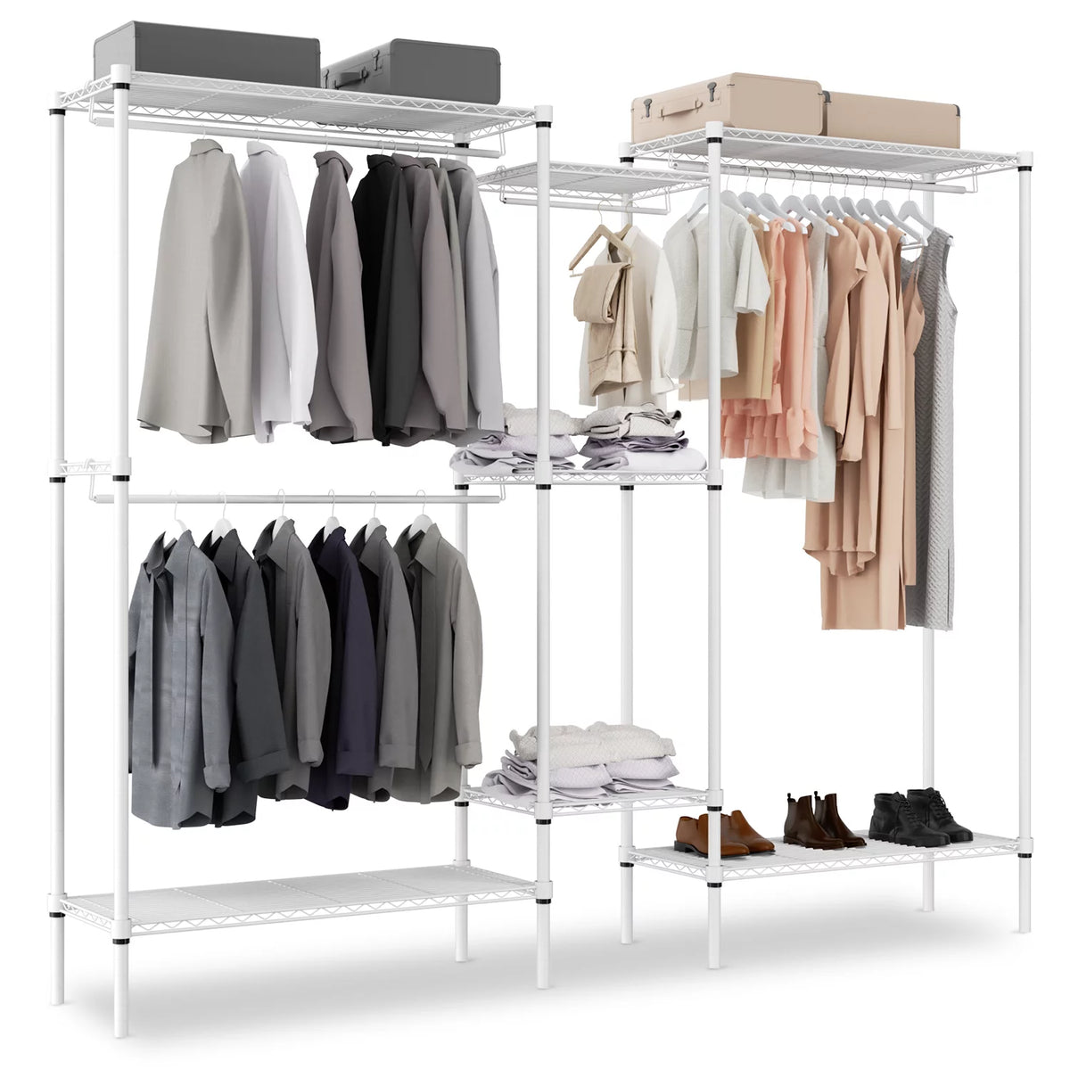 White Clothes Rack with 4 Hanging Rods and Shelves F7597