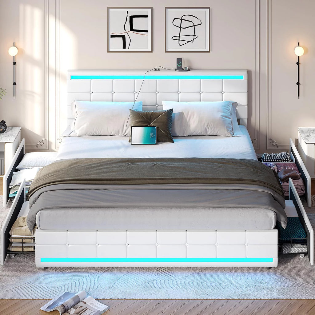 King Bed Frame with Storage Drawers, LED Lights, USB Port, White K4474