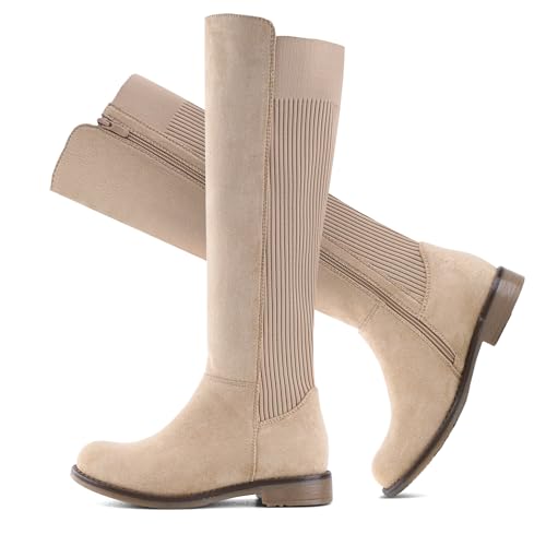 Knee High Boots Flat Low Heel Stretchy Round Toe with Side Zipper A936