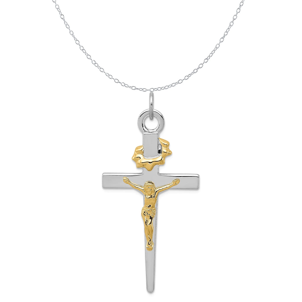 18K Gold Rhodium-Plated Sterling Silver Crucifix Charm Pendant with Sterling Silver Cable Chain Necklace O688690