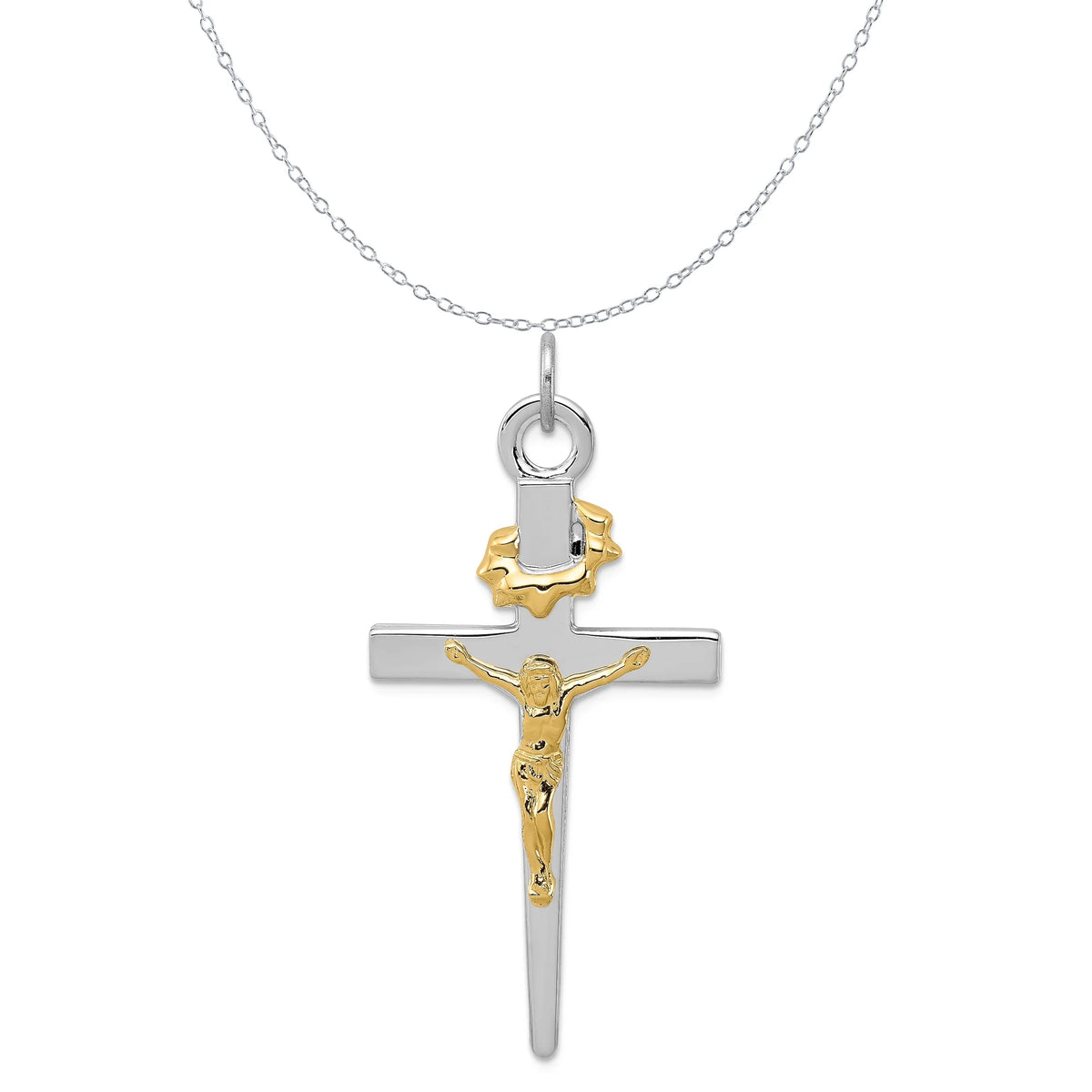 18K Gold Rhodium-Plated Sterling Silver Crucifix Charm Pendant with Sterling Silver Cable Chain Necklace O688690