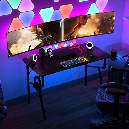 Black 47 Inch Gaming Desk with Mouse Pad Headset Hook Cup Holder Controller Stand Y8974