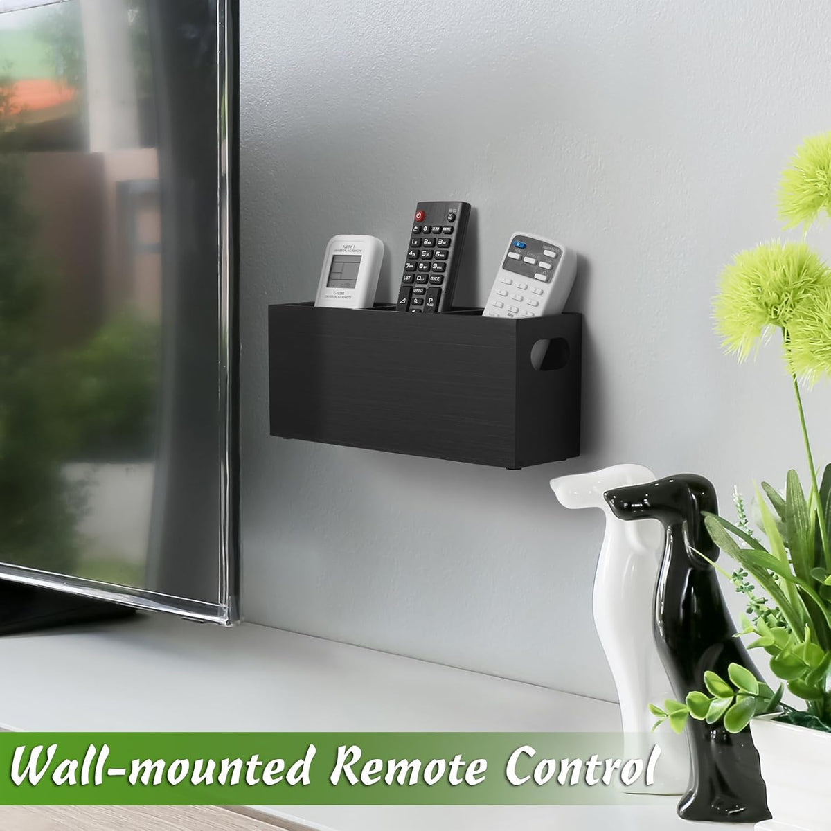 Black 3 Slots Wooden Wall Remote Holder E2235