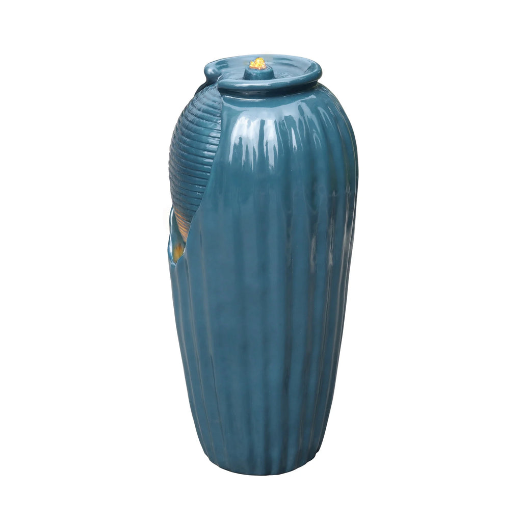 Blue Glazed Contoured Vase Water Fountain with LED Lights M947572