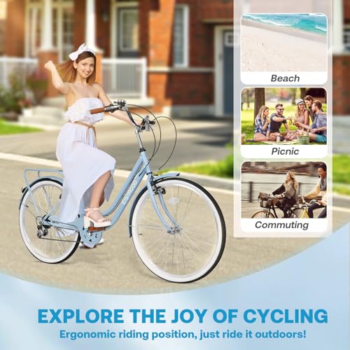 26 Inch Women Beach Cruiser Bike with 7 Speed, Adjustable Seat, Anti-Skid Tires F227320