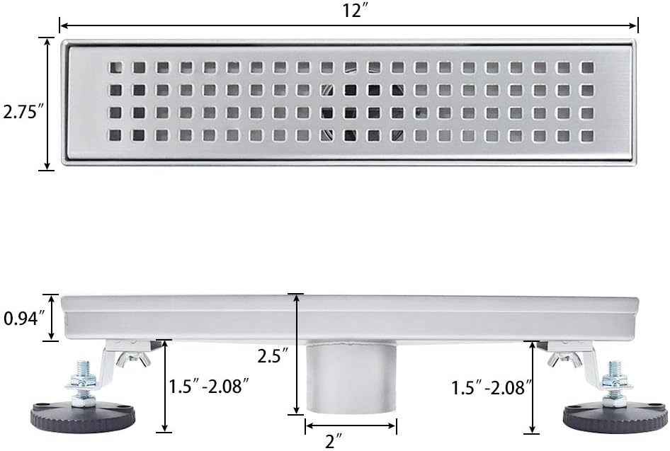 Brushed 304 Stainless Steel 12 inch Linear Shower Drain with Removable Grid Panel O441