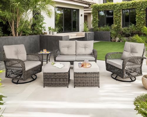 6 Pieces Patio Furniture Set Wicker Sofa with Swivel Rocking Chairs Ottoman Coffee Table Gray A444715
