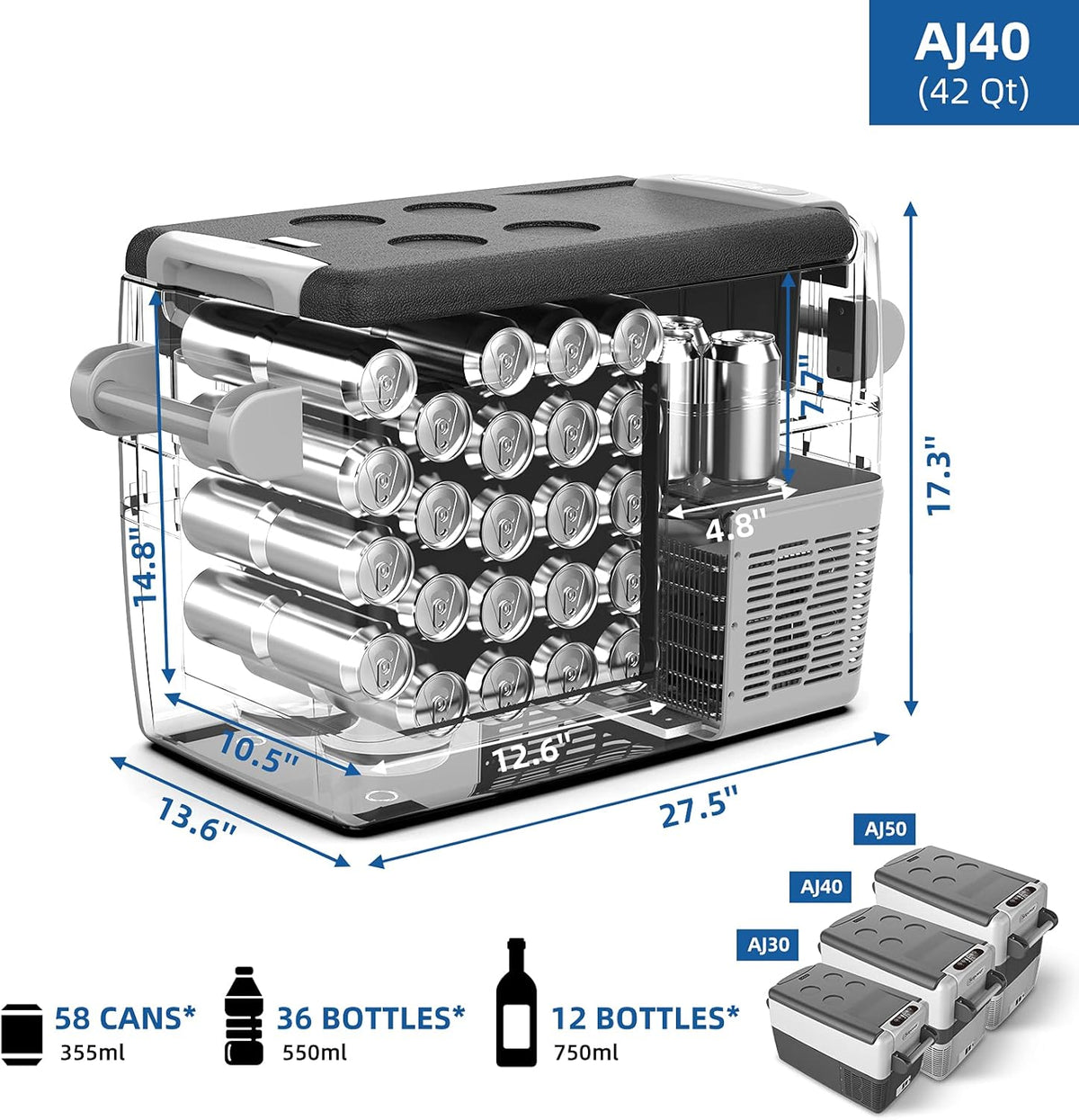 Portable 12V Compressor Refrigerator Freezer, Dual Zone, 43 Quarts W632