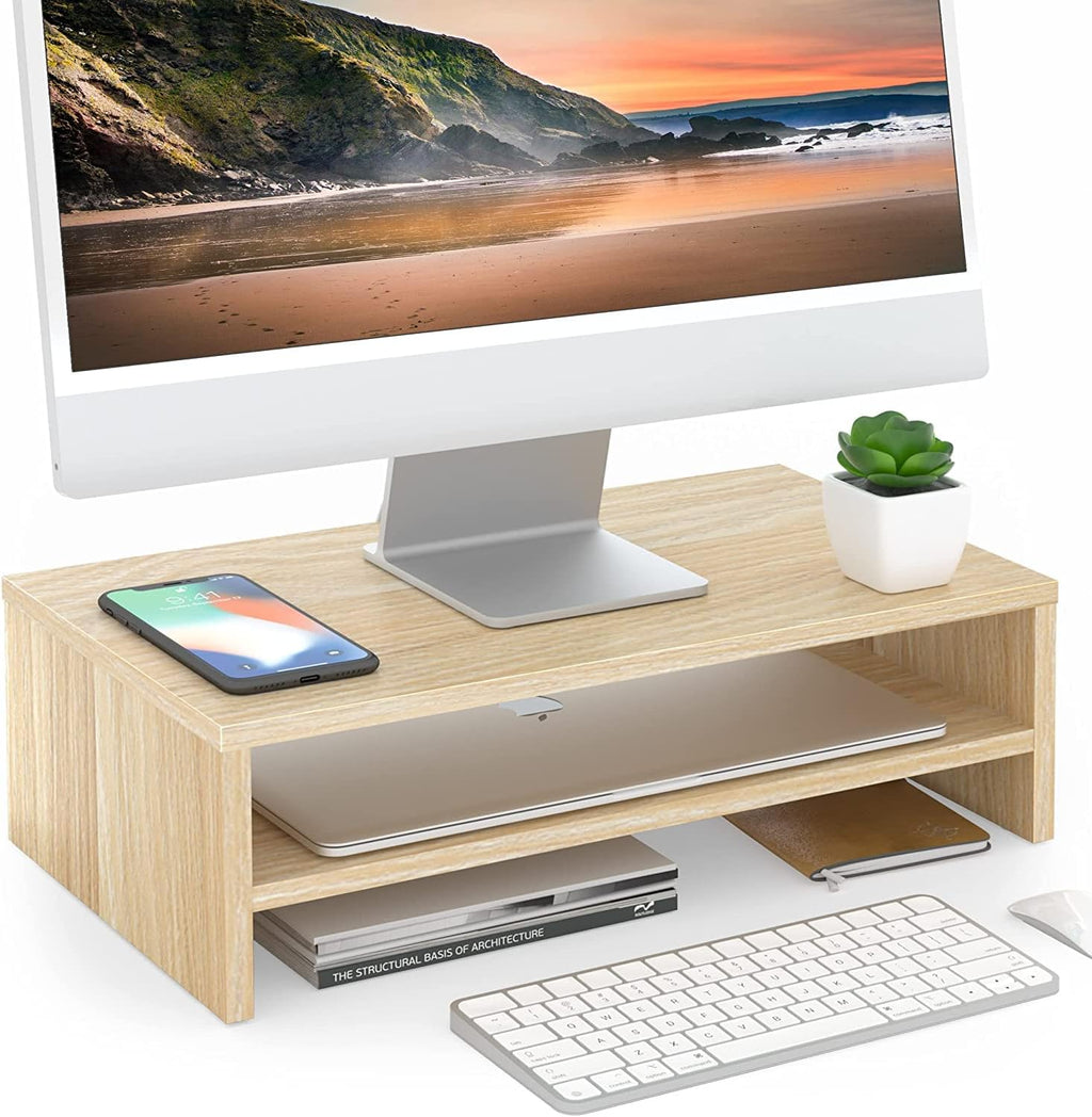 2-Tier Monitor Stand & 4-Tier Desk Paper Sorter Organizer, Light Wood P3848