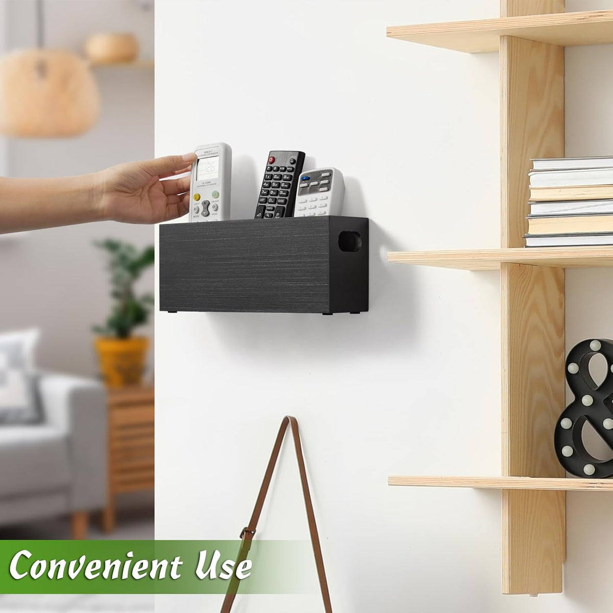 Black 3 Slots Wooden Wall Remote Holder E2235