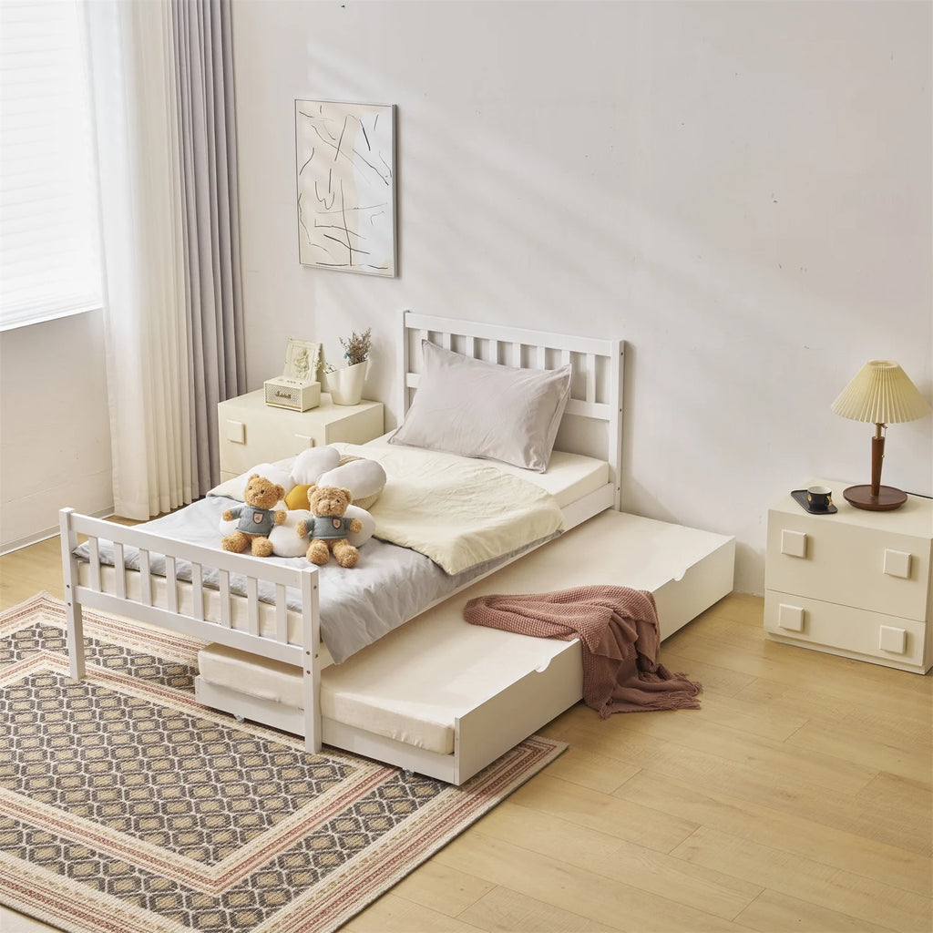 White Twin Bed with Trundle L17370